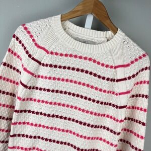 Ann Taylor‎ LOFT Crewneck Sweater Womens XS White Pink Stripe Textured Coquette